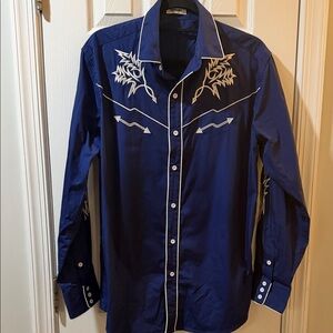 Embroidered Navy Western-Style Long-Sleeve Button-Down Shirt